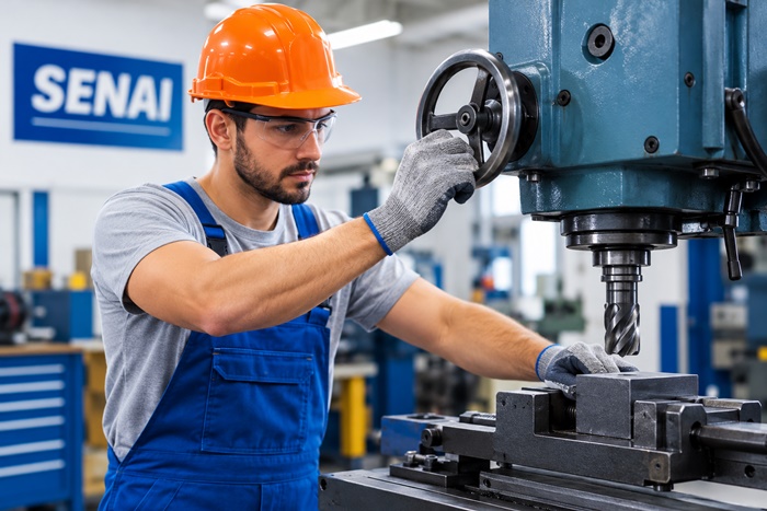 Card de divulgação do SENAI anuncia curso gratuito de Mecânico de Usinagem Convencional em Luís Eduardo Magalhães, com início em 4 de novembro de 2026.