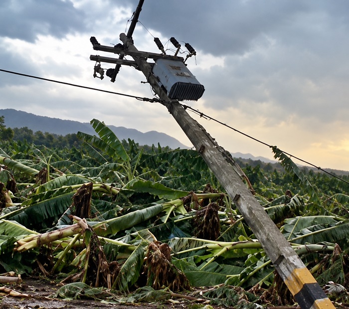 Plantação de banana derrubada pela força dos ventos após chuva no Distrito de Irrigação de Nupeba e Riacho Grande, em Riachão das Neves, no oeste da Bahia.